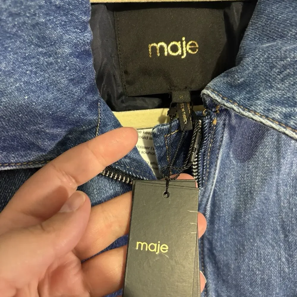 Maje Women’s Denim Bubble Hem Jacket Size 2 (US M) Blue Jean Zip Up NWT